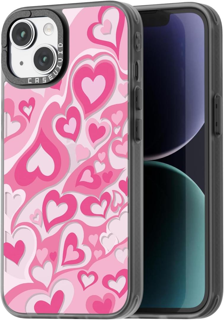 casevivid Compatible for iPhone 15 Case Cute Aesthetic - Durable Fashion Funny Phone Case - Girly Love Heart Pattern Print Cover Design for Woman Girl 6.1 inches Black