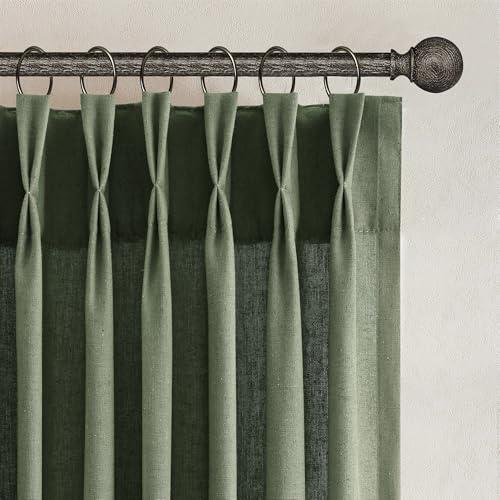 Joywell Pinch Pleated Linen Curtains 72 inches Long 2 Panels Set Back Tab Semi Sheer Light Filtering Elegant Linen Pinch Pleat Drapes with Hooks for Bedroom Living Room Decor 50x72 Olive Green