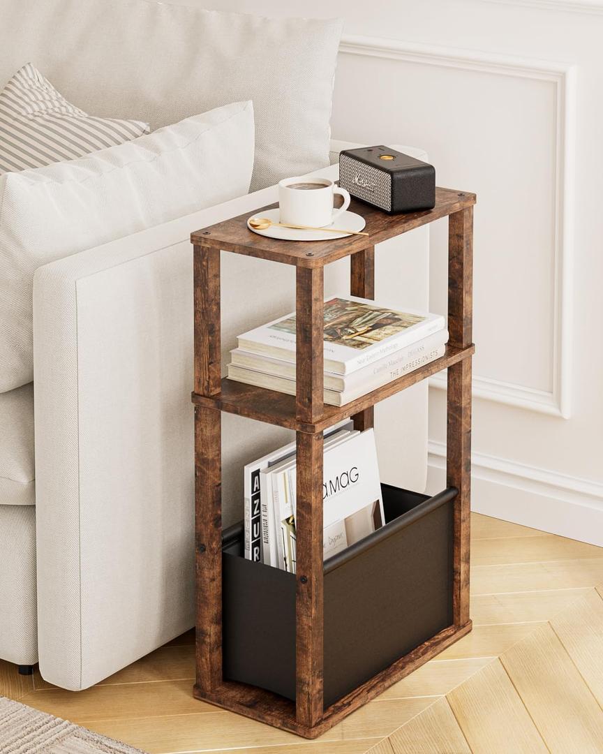 Narrow Wood Side Table, 3-Tier Night Stand with Storage Bag, Skinny Nightstand for Small Spaces, Bedside Table for Living Room, Bedroom, Rustic Brown
