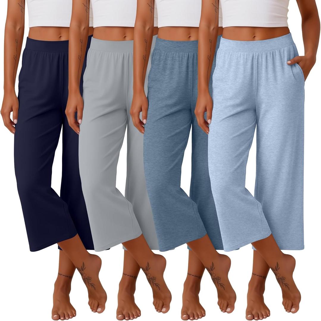 Neer 4 Pack Women's Capri Pants Wide Leg Capris Yoga Sweatpants Lounge Loose Fit High Waist Workout Cropped Pants with Pocket, Large