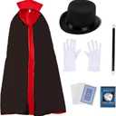 Magician Costume for Halloween, Includes Hat, Gloves, Wand, Cape, and Playing Cards (Adult Size, 5 Pieces)