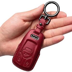 Tukellen for Audi Key Fob Cover Genuine Leather with Keychain,Leather Key Case Protector Compatible Audi A4 Q7 Q5 TT A3 A6 SQ5 R8 S5 Smart Key-Red