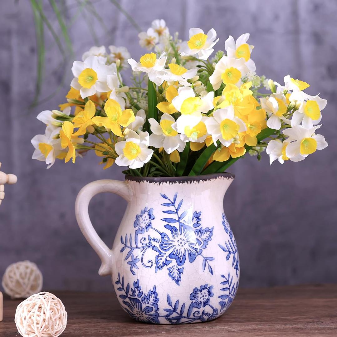 Blue and White Ceramic Vase, Vintage Porcelain Vase with Crackle Glaze, Farmhouse Rustic Oriental Decorative Centerpiece for Living Room, Dining Table, Entryway, and Bookshelf (Pitcher)