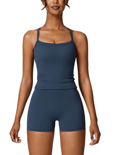 ABOCIW Workout Sets for Women 2 Piece Padded Sports Bra Tank High Waist Booty Gym Shorts Active Wear Yoga Outfits Navy Blue Large