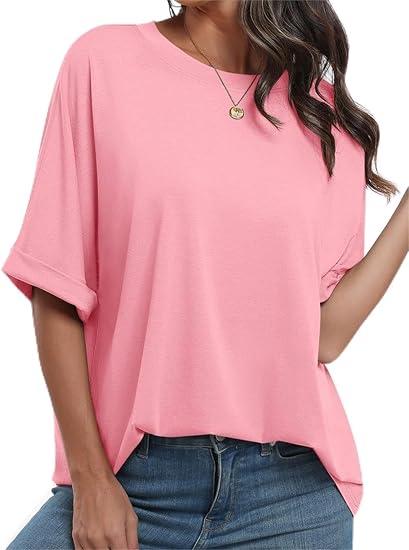 Women's Oversized Summer T Shirts Classic Solid Color Loose Short Sleeve Plus Size Cute Baggy Tees Tunic Blouses Pink S