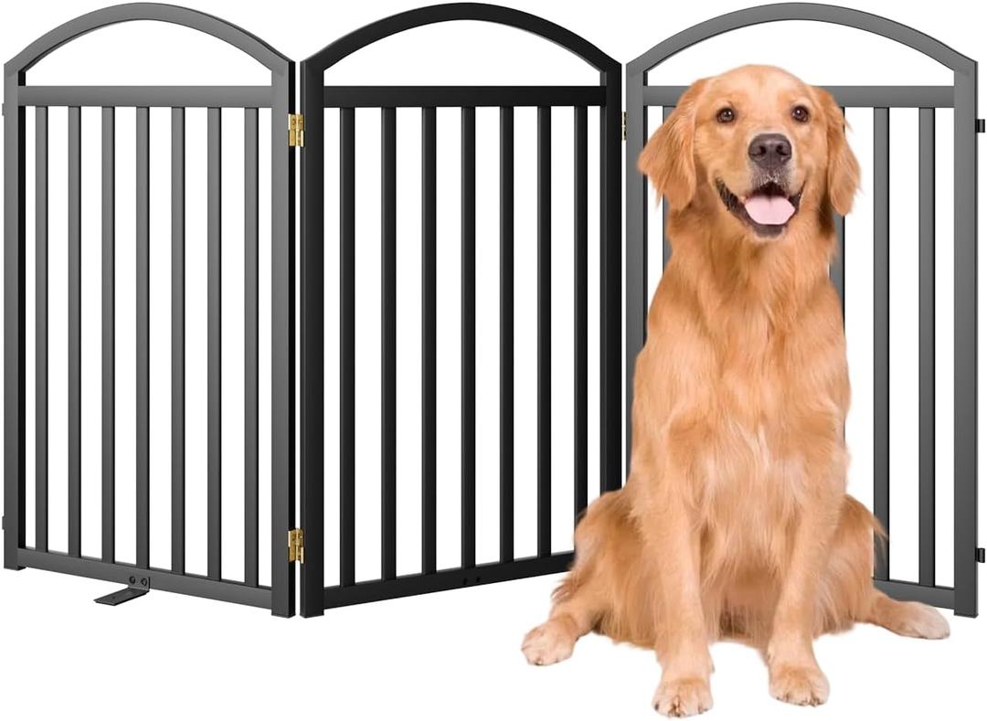 SNUOWU 3 Panels Full Metal Freestanding Dog Gates, 72" Extra Wide 32" Tall Free Standing Dog Pet Gate for Indoor & Outdoor. Foldable Pet Fences for Doorways, House, Stairs, Porch, Deck, Yard