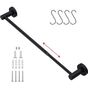Adjustable Matte Black Bath Towel Bars 16 to 27.6 Inch, iMomwee 304 Stainless Steel Single Towel Rack, Wall Mounted Towel Rail Holder for Bathroom Washroom, Retractable Towel Rod with S Hooks