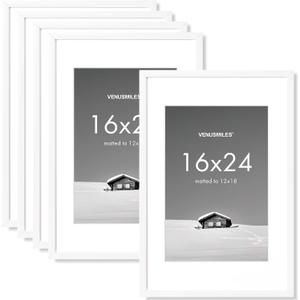 16x24 inch Picture Frame, 16x24 Photo Frames with 12x18 Removable Mat - High Definition Plexiglass - Vertical and Horizontal Display - Wall Hanging Poster Frame - White, Pack of 5