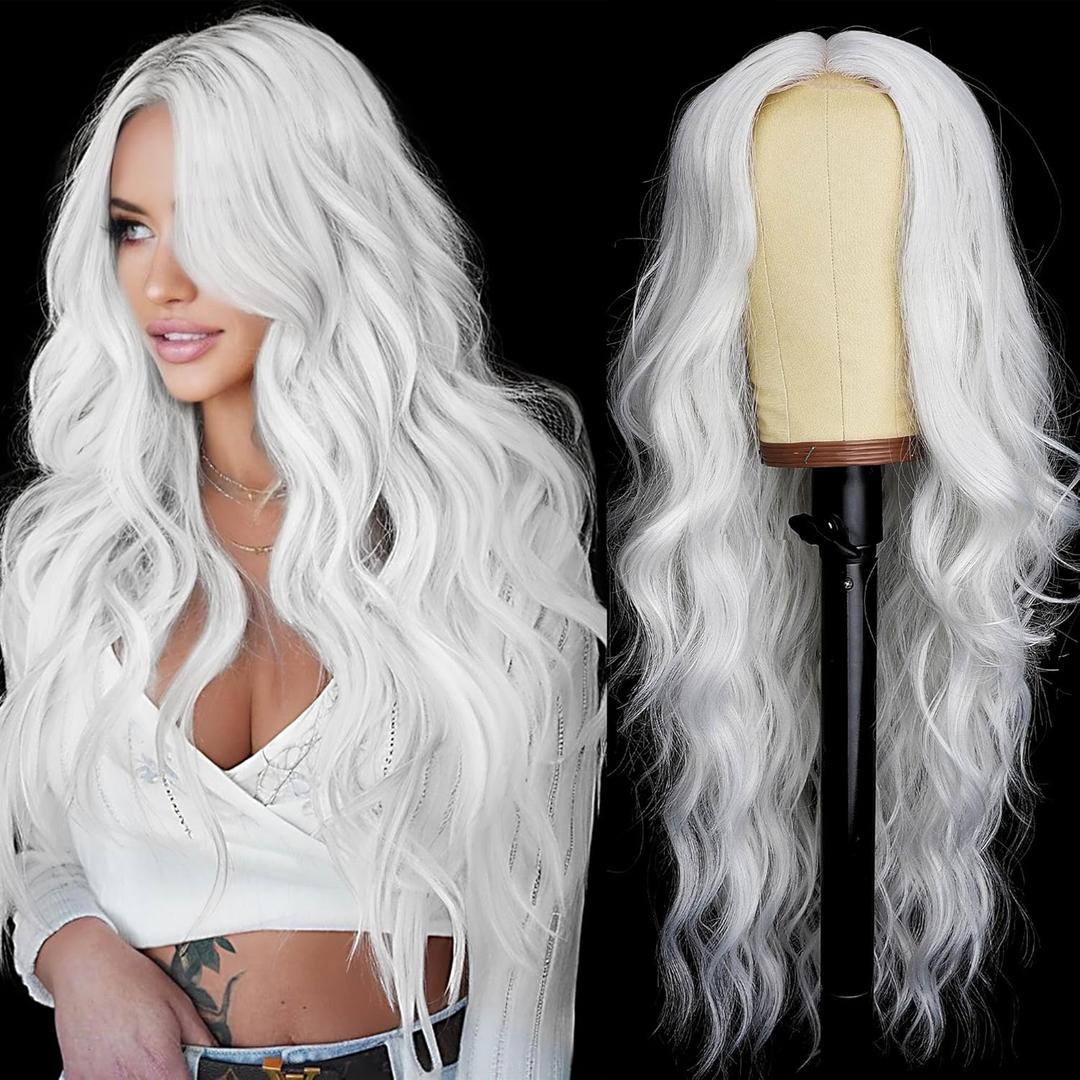 AISI HAIR White Wig for Women, Long Wavy Lace Hairline Middle Part Synthetic Wig for Daily Party-26 Inch