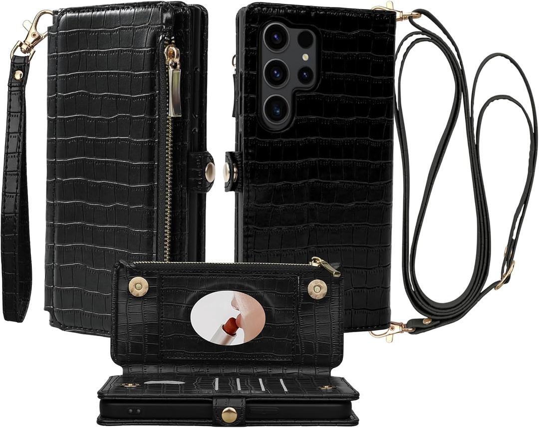 Crossbody Wallet Case for Samsung Galaxy S24 Ultra with Mirror, Wrist Strap, Zipper Purse Magnetic Flip RFID Blocking Card Holder, PU Leather Shockproof 6.8" Women (Black)