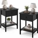 Nightstands Set of 2 with Drawers and Storage Shelves, Modern Bedside Table with Steel Frame, Wood Night Stand End Side Table for Bedroom Small Spaces, Black