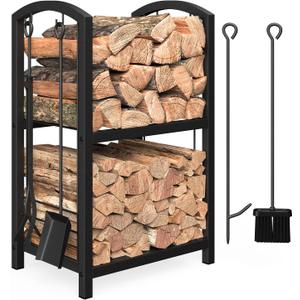 Mr IRONSTONE Firewood Rack with Fireplace Tools Set, Fireplace Tool Rack for Indoor Outdoor Fire Log Holder Wrought Iron Large Wood Stove with Firepit Tools, Brush, Shovel, Poker, Tongs, Black