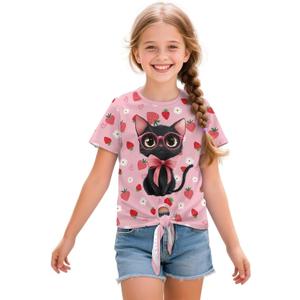 Xhuibop Girls Short Sleeve T-shirt Summer Outfits Tie Bow Front Tops for Kids 5-12 Graphic Tees (Pink)