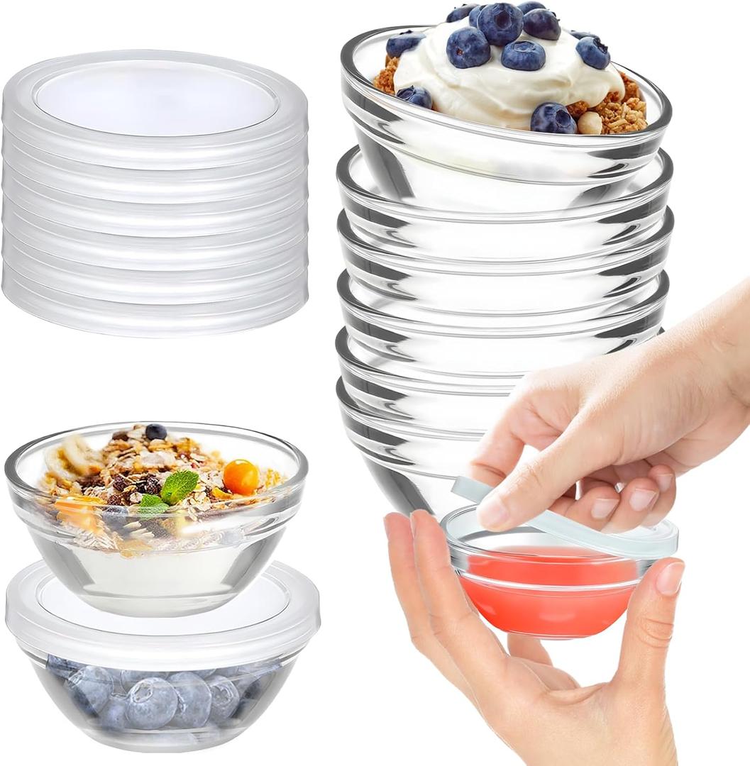 6 Pack Mini 3 Inch Small Glass Bowls with 6 Pack Lids, 2.5 oz Clear Glass Pinch Bowls, Condiment Containers, for Dips, Nuts, Candy, Snacks, Meal Prep Bowls