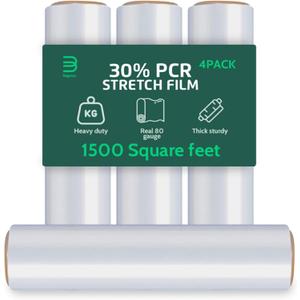 80 Gauge Heavy Duty Stretch Film  18 Wide, 1500 Sq Ft Roll  30%+ PCR Eco-Friendly Pallet Wrap  Sustainable, Tear-Resistant Plastic Film for Shipping, Storage & Moving  Clear
