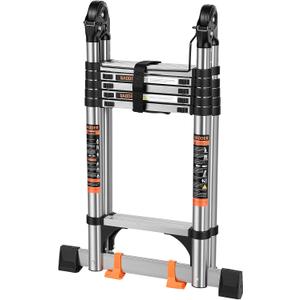 Telescoping Ladder 16.5 FT A Frame, Extension Multi-Purpose with Balance Bar Heavy Duty 330 lbs Max Capacity for Home and Outdoor Work, Silver