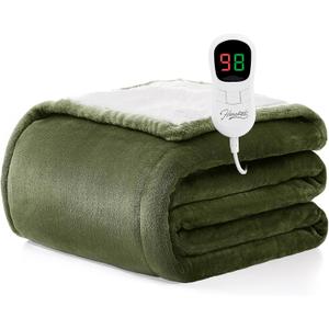 Homemate Electric Heated Blanket Twin Size - 62"x84" Heating Blanket Twin Size 1/2/4/6/8 Hours Auto-Off 10 Heat Level Over-Heat Protection Flannel Sherpa ETL Certification (09 - Olive Green)