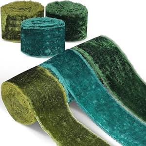 3 Roll Christmas Silk Velvet Ribbon, Vintage Velvet Wrapping Ribbon Raw Edge Fringe Ribbon for Xms Bow Wreath Wrapping Floral Bouquets Total 9 Yards (Grass Green, Green, Dark Green, 2'' in Width)