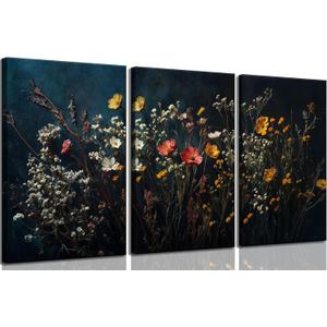 3Pcs Dark Dried Wildflowers Canvas Wall Art Moody Floral Wall decor prints Vintage Black Botanical painting pictures Aesthetic Flower Artwork for Living Room Bathroom Bedroom Decoration,12x16in