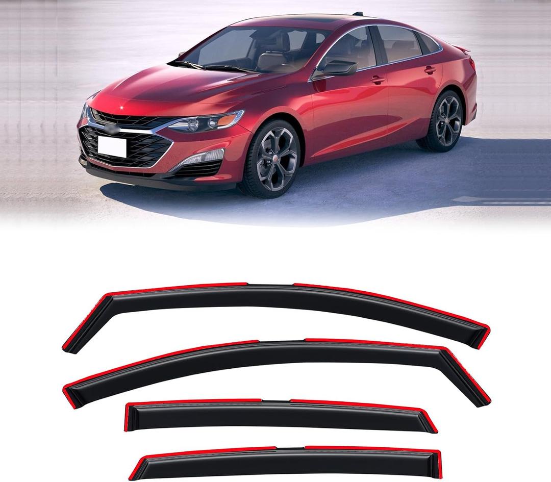 in-Channel Rain Guards for 2016-2025 Chevrolet (Chevy) Malibu, Window Visor Shields Vent Deflector Shade Wind Dark Smoke 2017 2018 2019 2020 2021 2022 2023 2024, Tape-On Outside-Mount, 4PCS
