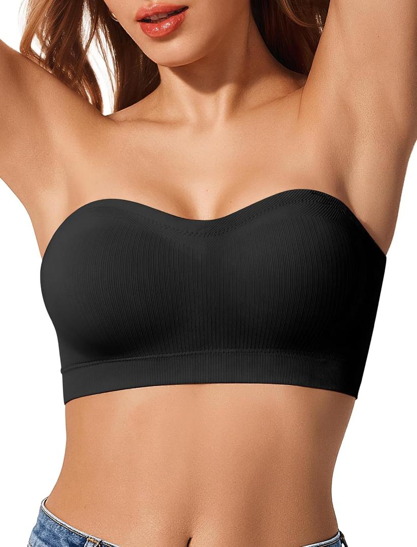 Push Up Strapless Bras for Women Supportive Bandeau Bra Non Slip Wireless No Underwire Padded Tube Bra (Large, Black)