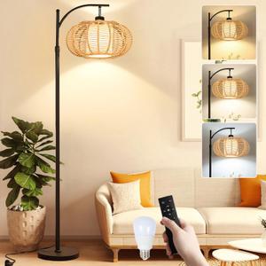 Arc Floor Lamps for Living Room Bedroom Rattan Boho Floor Lamp with Remote Control,Dimmable Led Standing Lamp Wicker Lamp Shade Rustic Tall Floor Lamp Modern Flower Lamp for Bedroom Corner (11.8Inch)