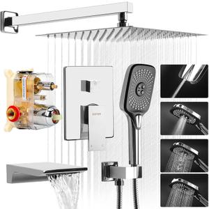 Shower System with Tub Spout, Wall Mounted Tub Shower Faucet Set for Bathroom, with 12" Rain Shower Head and 4-Setting Handheld Shower Head, Chrome