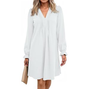 Dokotoo Womens Casual Dress A-Line Ruffle Sleeve V Neck Midi Dress 2025 Fashion Pleated Flowy Sundress Loose Shirt Dresses (White, S)