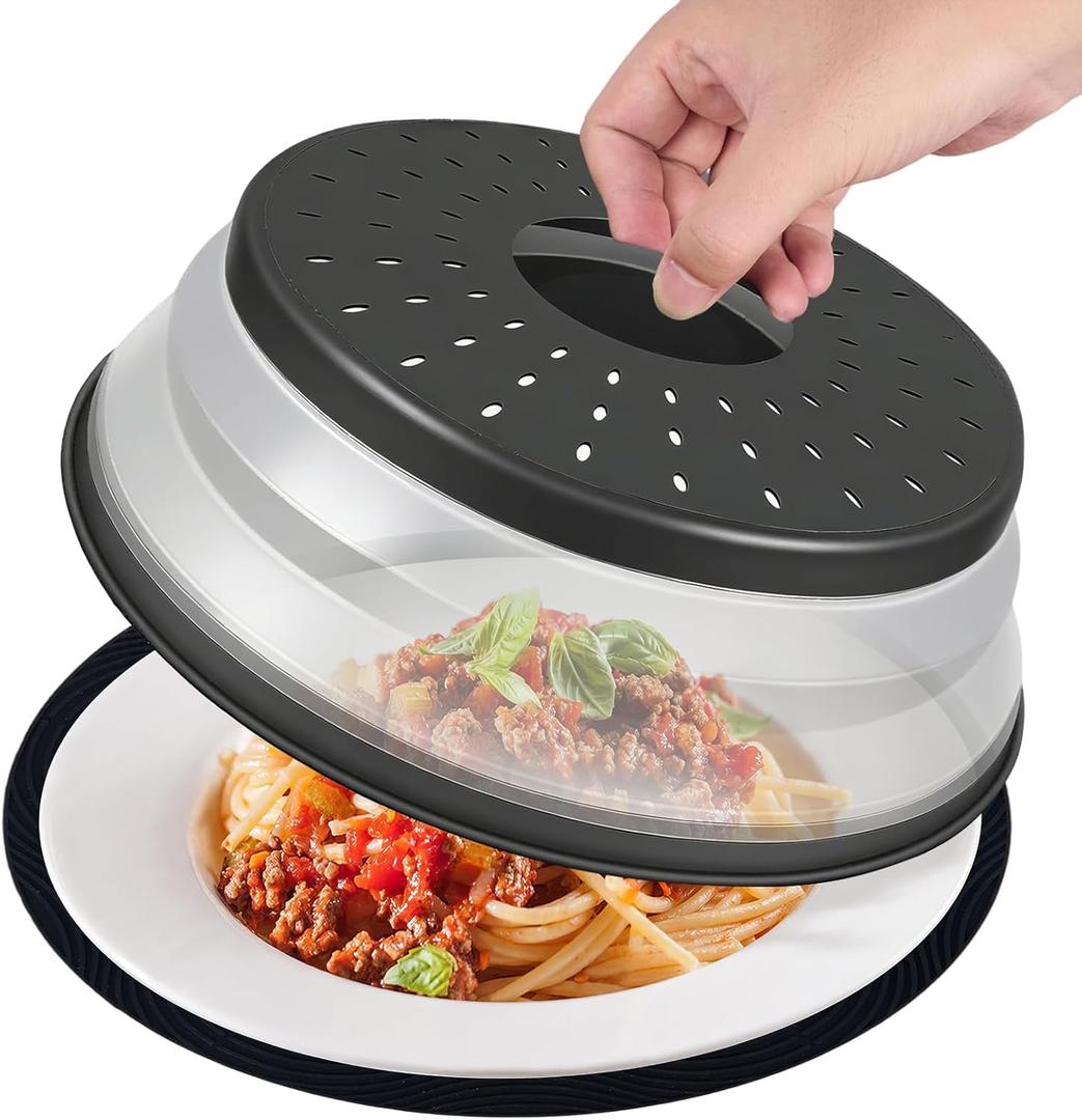WENWELL 12 Inchs Microwave Splatter Cover & Silicone Mat, Large Vented Collapsible Guard dish Plate lid & Round Kitchen Mat for Food (black)