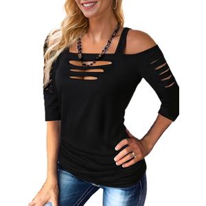 Sexy Cut Out Cold Off Shoulder Tops for Women T-Shirt Distressed Half Sleeve Square Neck Blouse Summer Rock Tee (Large, Black)