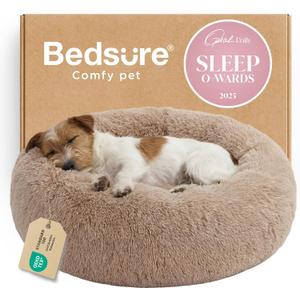 Bedsure Calming Dog Bed for Dogs - Donut Washable Puppy Bed, 27 inches Anti-Slip Round Fluffy Plush Faux Fur Pet Bed, Camel 27"L x 27"W x 8"Th