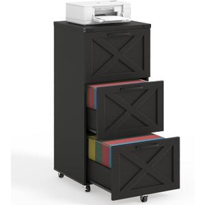 Halitaa 3 Drawer Tall File Cabinet with Wheels, Farmhouse Vertical Filing Cabinet Fits Letter/A4 Size, Rolling File Cabinets Wooden Printer Stand for Home Office, Black