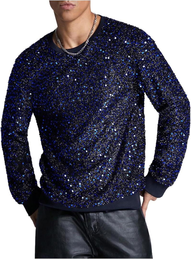 WDIRARA Men's Glitter Sequin Round Neck Sweatshirt Long Sleeve Solid Pullover Top (Blue, S)
