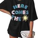 Womens Hawaiian Shirts Here Comes The Sun T Shirt Oversized Sequin T-Shirt Summer Beach Tops Black (Small)