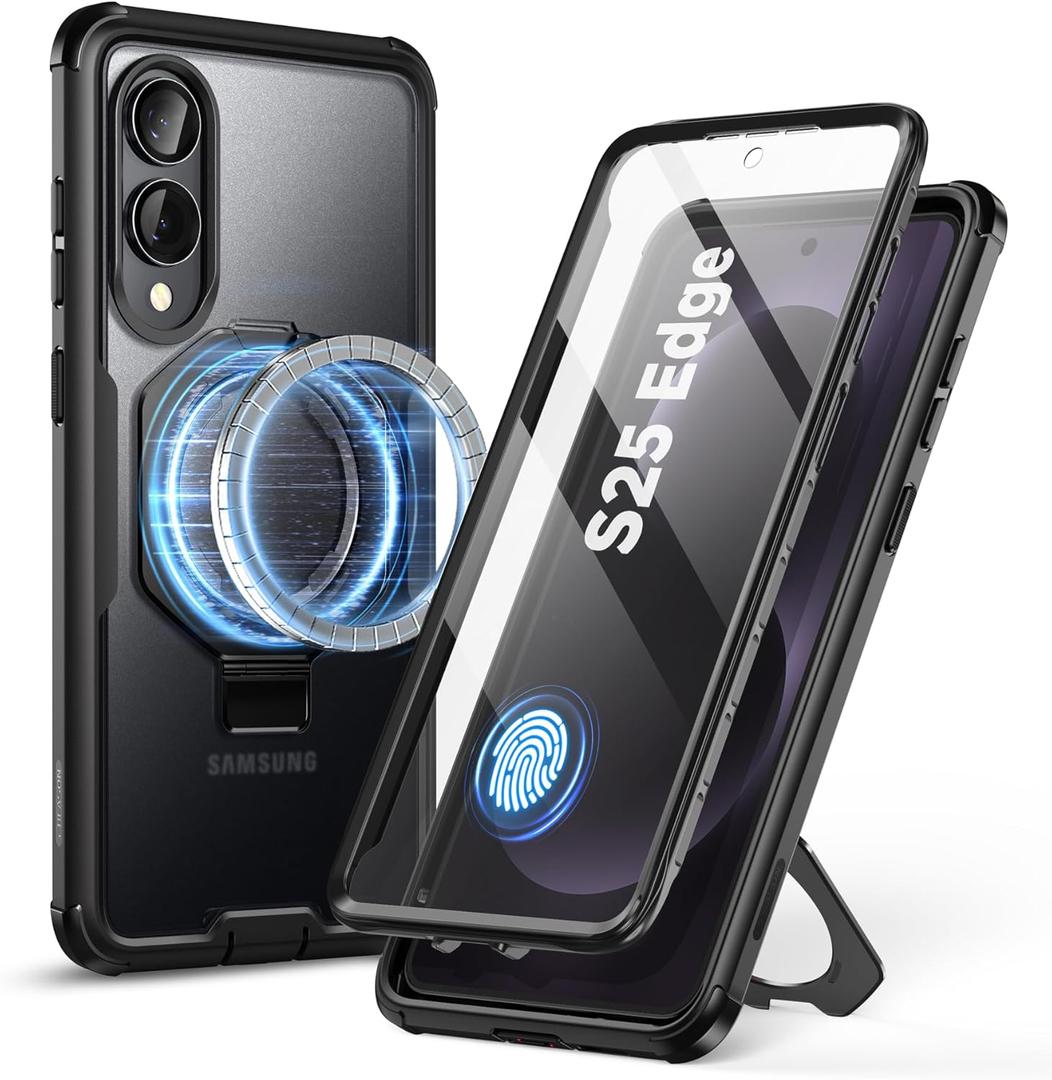 i-Blason for Samsung Galaxy S25 Edge Case MagSafe with Stand & Ring Holder [Built-in Screen Protector] [Military- Grade Drop Protection] Full-Body Heavy Duty Magnetic Phone Case 6.7'', Black Clear