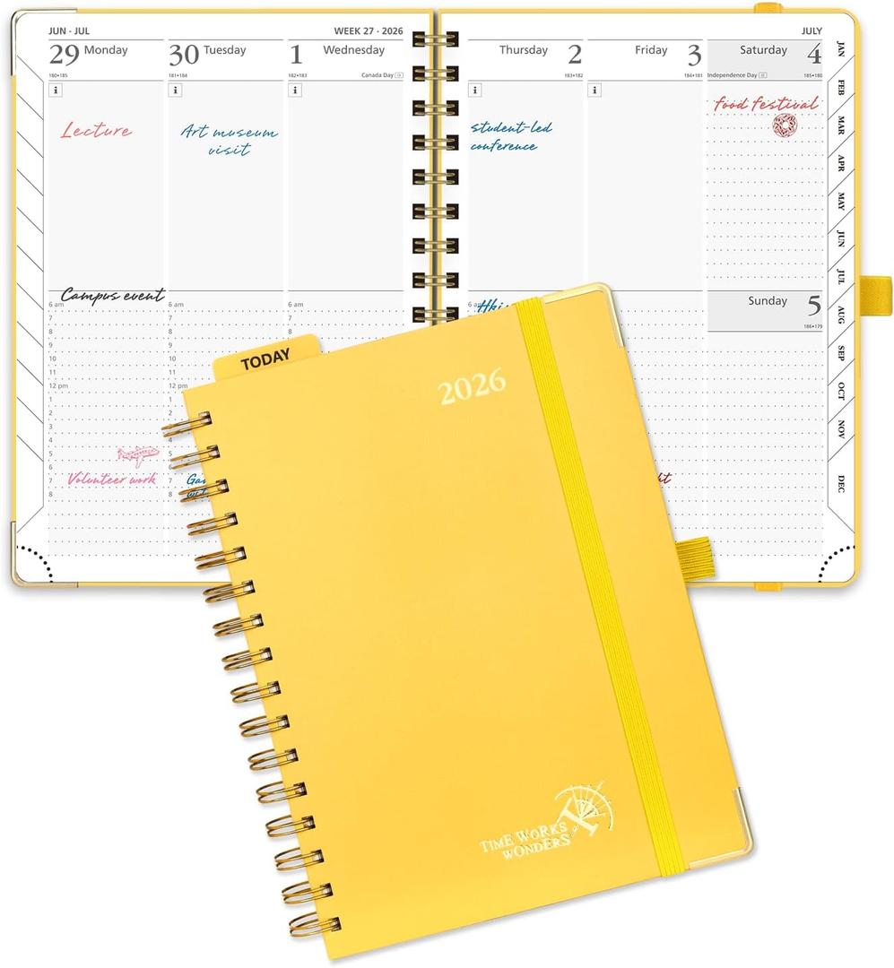 POPRUN 2026 Planner Daily Weekly and Monthly Calendar with Hourly Schedule(Medium Size 8.5'' x 6.25'' Wire-Bound Hard Cover) - Agenda 2026 (Jan.2026-Dec.2026), Monthly Tabs - Light Yellow