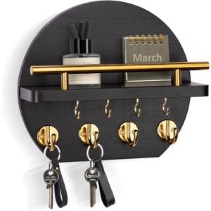 Nekon Key Holder for Wall - 9.8 Inch Apartment Wall Decor with Shelf and 8 Key Hooks, Circular Wood Key Hanger for Home Decor (Black with Golden Hooks)