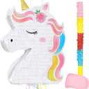 WERNNSAI Foldable Unicorn Piata - Pull String Unicorn Birthday Party Supplies Extendable Unicorn with Blindfold Bat and Tassels Unicorn Birthday Party Decoration Games Folding Piatas for Kids