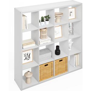 Furinno Simple Cube Storage Organizer, 16-Cube Display Shelf, Open Back Shelving Unit, Storage Shelves, Extra Thick Frame, for Organization and Storage, Living Room, Home Office, White