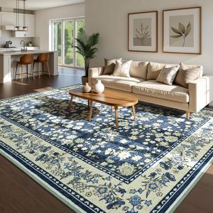 Softlife Washable Rug for Living Room, 5x7 Rugs for Kitchen, Non-Slip Oriental Indoor Mat Under Dinning Table, Mordern Print Home Carpets with Rubber Backing for Kids, Dark Blue and Green