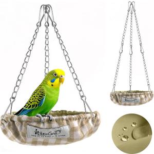 Waterproof Bird Bed with Adjustable Chain, Customizable Height Hanging Bird Hammock for Cage, Small Size Bird Nest with Durable Non-Collapsible Bottom, Bird Hut for Conures, Budgies (Khaki)