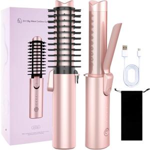 Cordless Curling Iron Brush, 3-in-1 Travel Hair Curler Straightener Brush, 7000mAh Rechargeable Mini Curling Iron Tool, 4 Temperatures/Fast Heating/Anti-Scald/Anti-Frizz Hot Rollers (Pink)