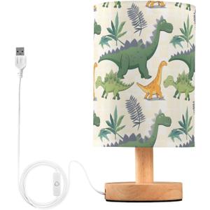 Dinosaur Green Dino A Lamp for Girls Boys Bedroom Bedside Table Lamp with USB Port LED Kids Nightstand Lamp Wood Base Desk Living Room Decor