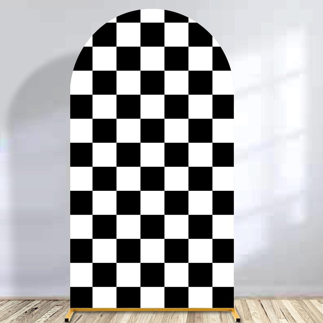 Arch Backdrop Covers Racing Checker Texture Black and White Chiara Arch Cover for Baby Shower Birthday Party Race Car Theme (7.2FT)