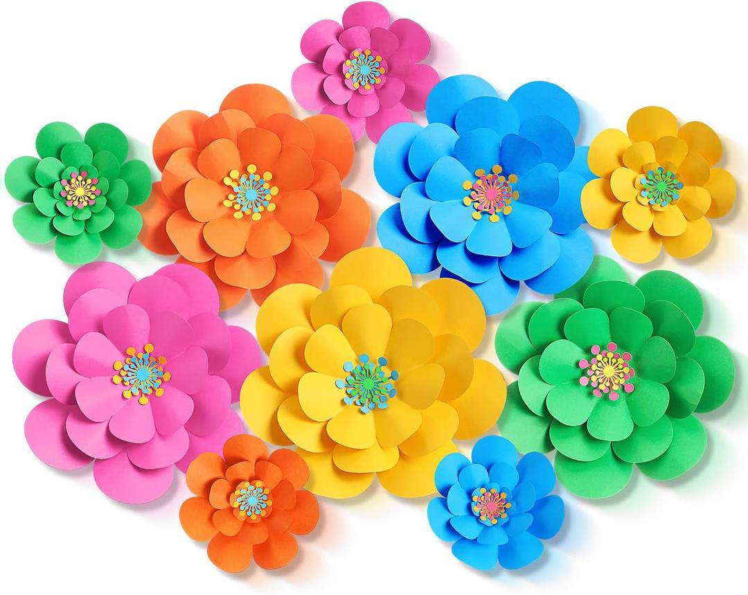 10 Set Mexican Paper Flowers Decorations for Wall DIY Fiesta Bulletin Board 3D Handcrafted Paper Flowers Backdrop Decoration for Mexican and Holiday Party (Bright)