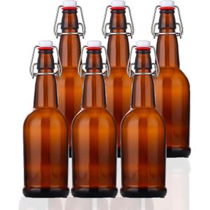 SureSave Beer Bottles with Easy Flip Top | 16 Oz Amber Glass Bottle Set with Airtight Cap for Kombucha, Carbonated Drinks, Brewing, and Fermenting (6 Pack)