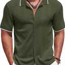 COOFANDY Mens Knit Polo Shirts Button Down Short Sleeve Shirt Summer Casual Beach Vacation Tops (X-Large, Army Green)