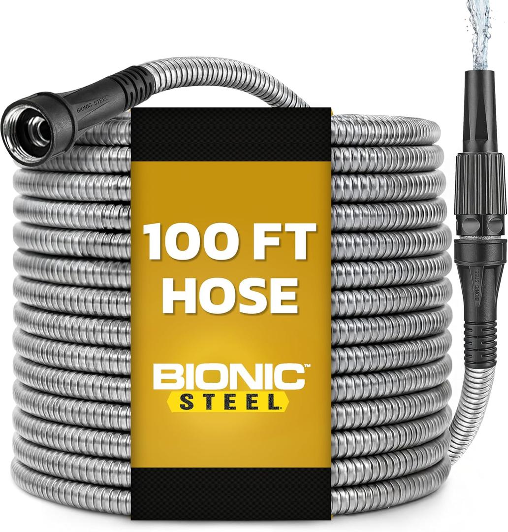 BIONIC STEEL 100 Ft Metal Garden Hose with Sprayer Nozzle, Non Kinking Designed Stainless Steel Heavy Duty Water Hose 100 Ft x 5/8 in. Flexible NON Expandable for Uninterrupted Water Flow, 500 PSI