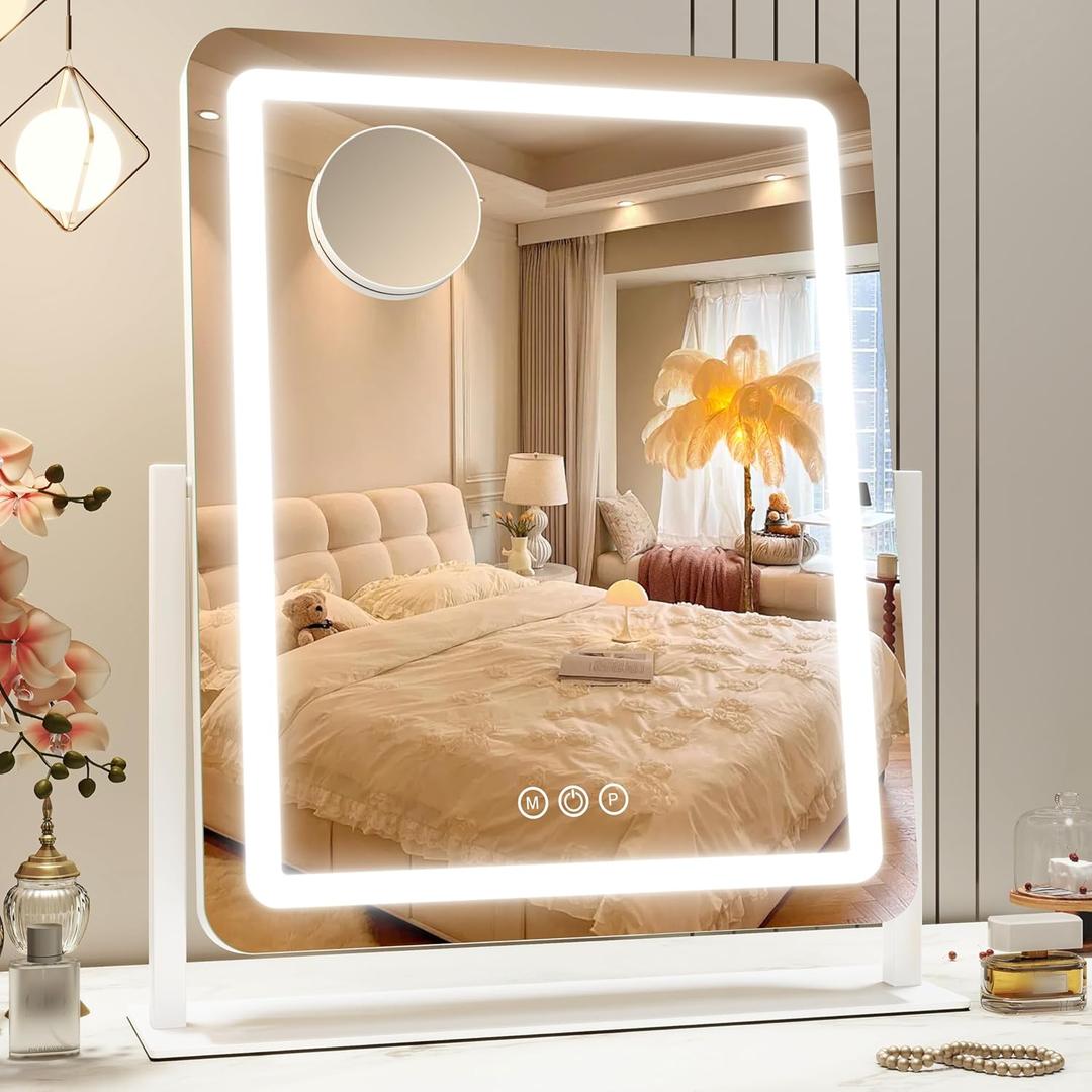 22x18 Inch Vanity Mirror with Lights, 3 Color Dimmable LED Lighting, Smart Touch Control & 360 Rotation, Large Makeup Mirror for Bedroom, Dressing Room (White)