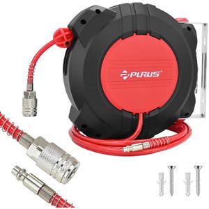 PURUS Retractable Air Hose Reel, 1/4" x 32ft, 180 Swivel Wall/Ceiling Mount, Auto Rewind, Hybrid Hose Max 10 Bar Pressure Air Compressor Hose Reel Quick Coupler for Workshop & Garage